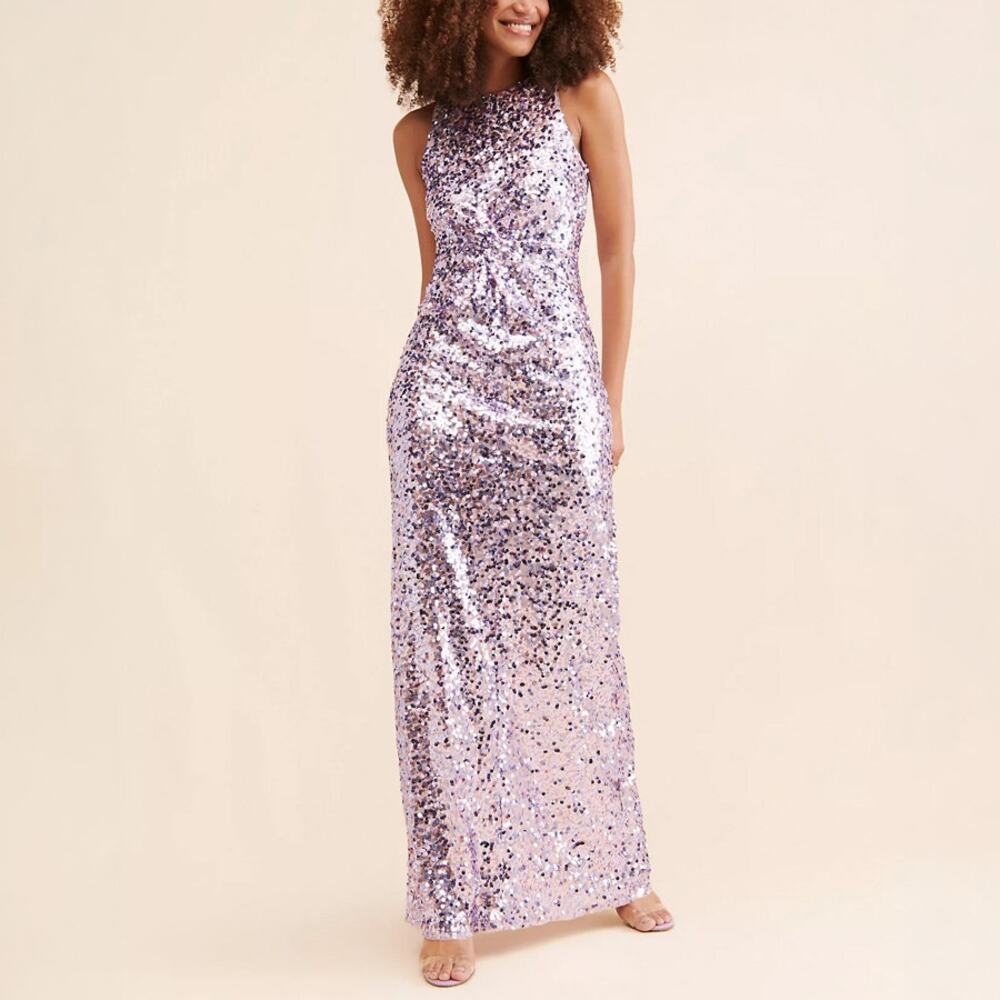 Anthropologie LDT Purple Sequin Twist Front Racer Gown Size 6